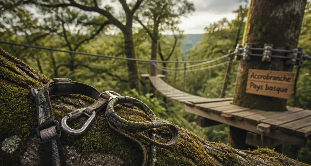 Accrobranche pays basque : harnais et plateforme en forêt