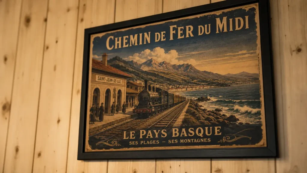 Affiche pays basque du Chemin de fer du Midi : train et gare