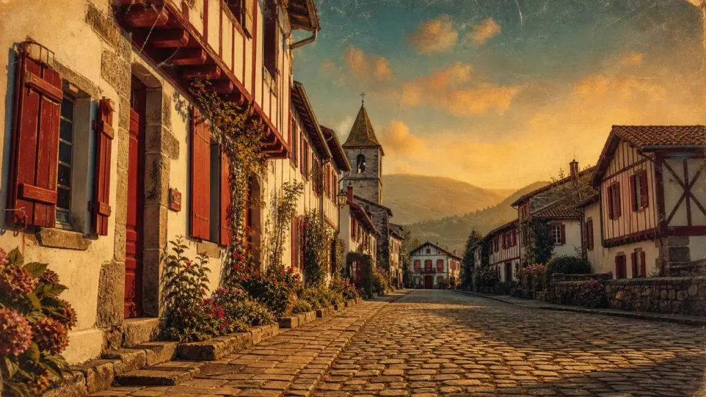 Ainhoa pays basque, rue blanche labourdine et église
