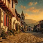 Ainhoa pays basque, rue blanche labourdine et église