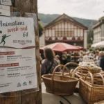 Animation ce week-end dans le 64 : affiche du programme sur un panneau, place du village près de Cambo