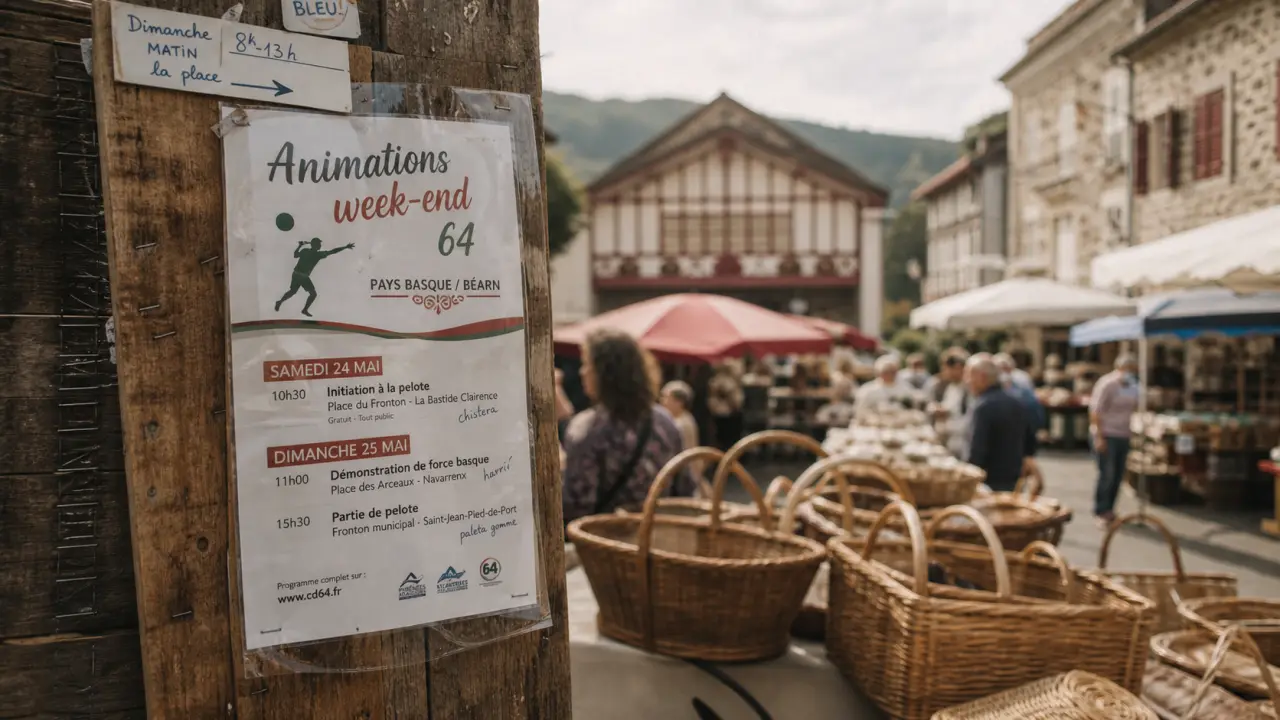 Animation ce week-end dans le 64 : affiche du programme sur un panneau, place du village près de Cambo