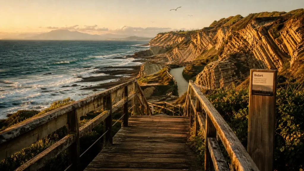 Bidart : passerelle vers falaises de flysch et océan au golden hour