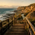Bidart : passerelle vers falaises de flysch et océan au golden hour