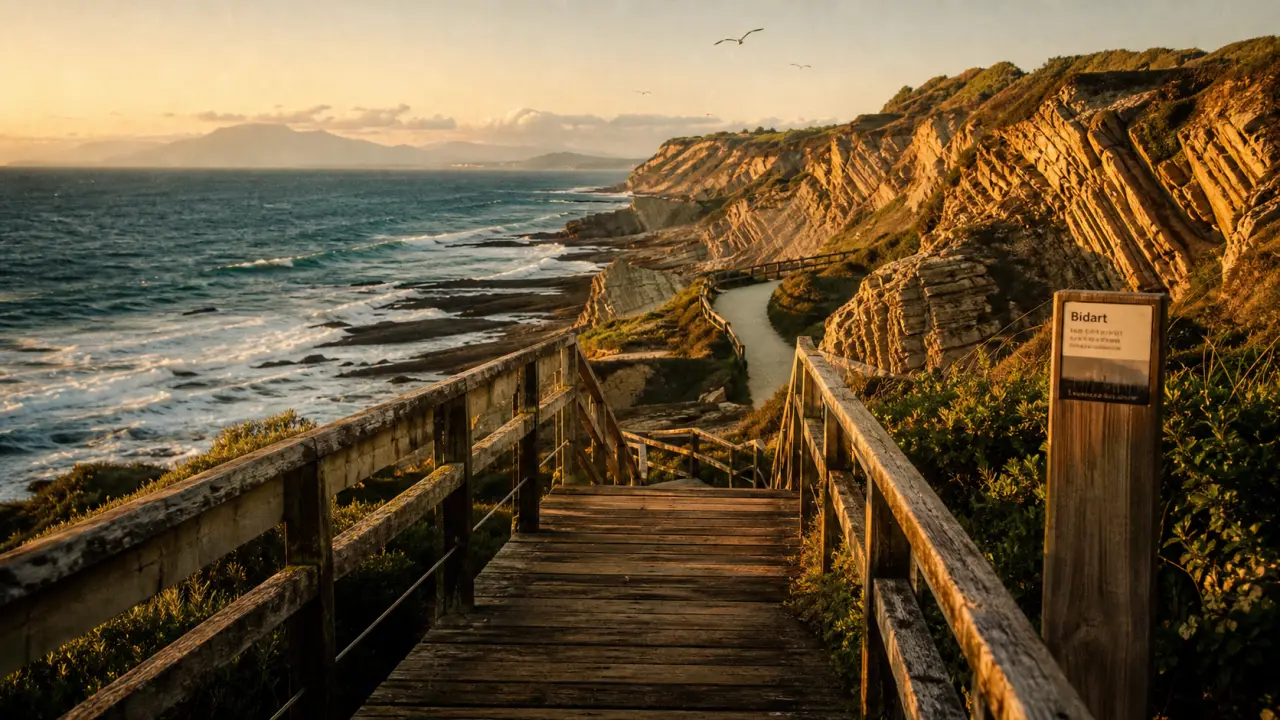 Bidart : passerelle vers falaises de flysch et océan au golden hour