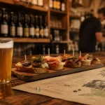 Verre de bière locale basque à la brasserie du pays basque, comptoir et menu