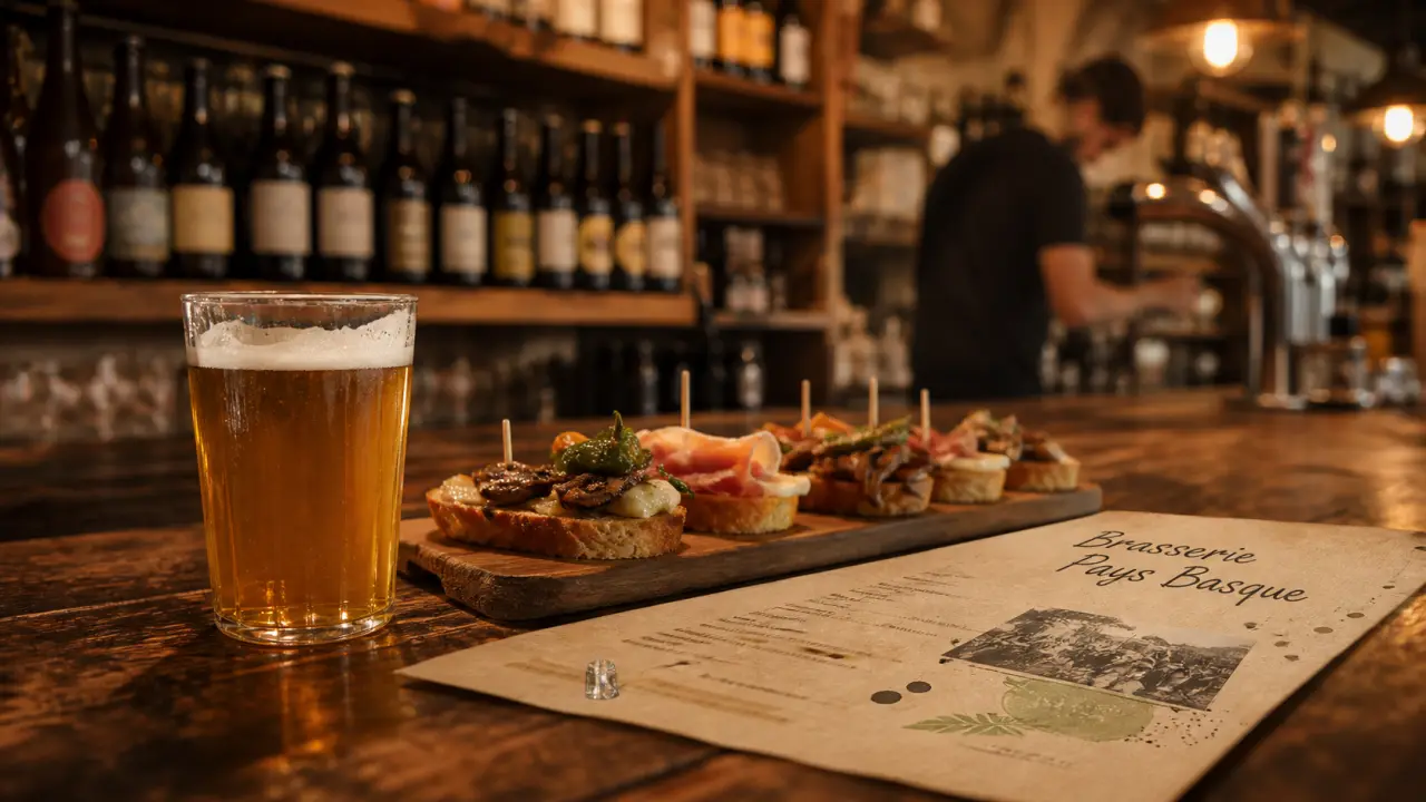 Verre de bière locale basque à la brasserie du pays basque, comptoir et menu