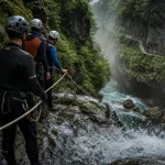 Canyoning pays basque : groupe en gorges, eau vive et cordes de sécurité