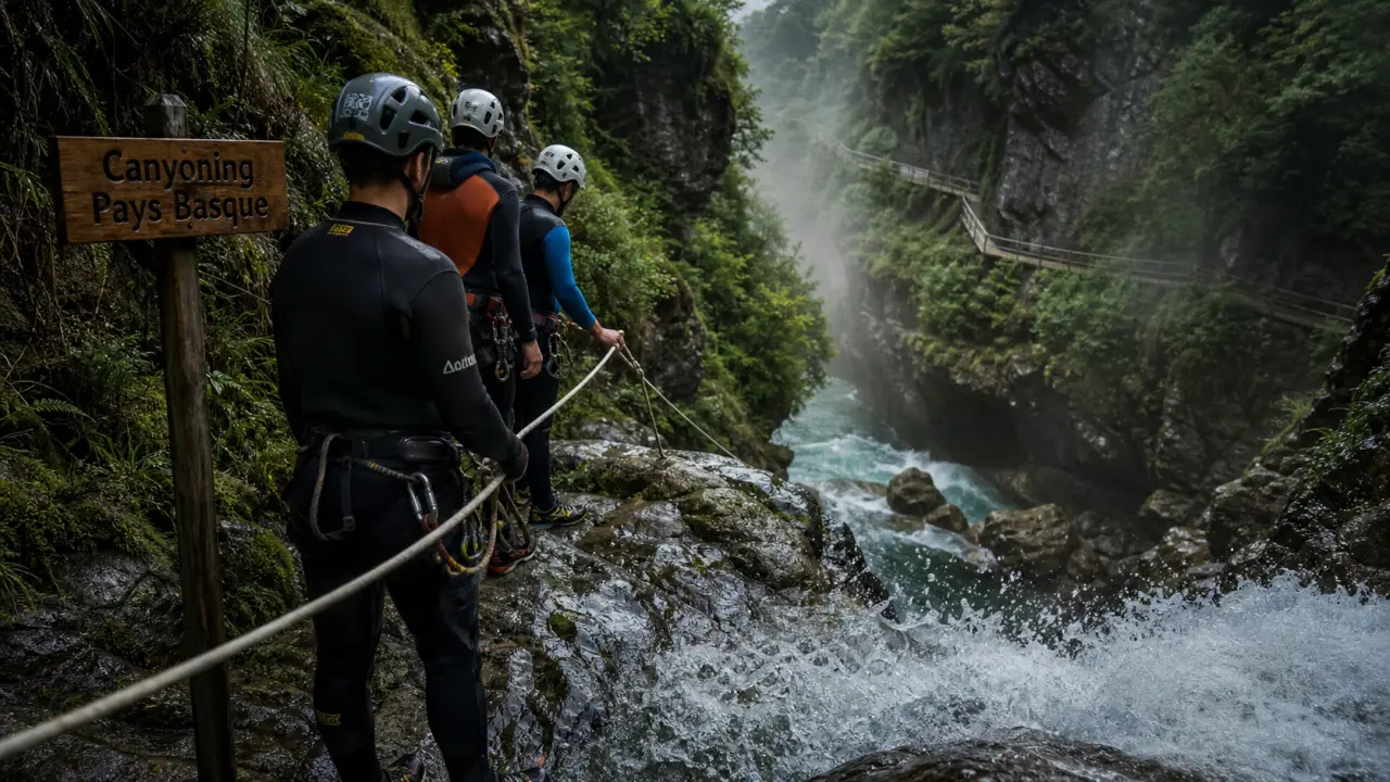 Canyoning pays basque : groupe en gorges, eau vive et cordes de sécurité