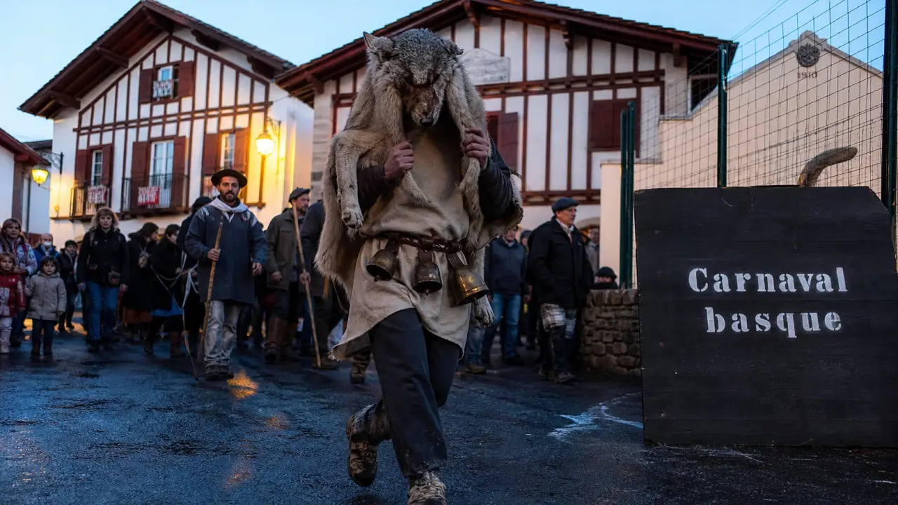 Carnaval en pays basque : danseur avec peau et sonnailles, cortège dans un village