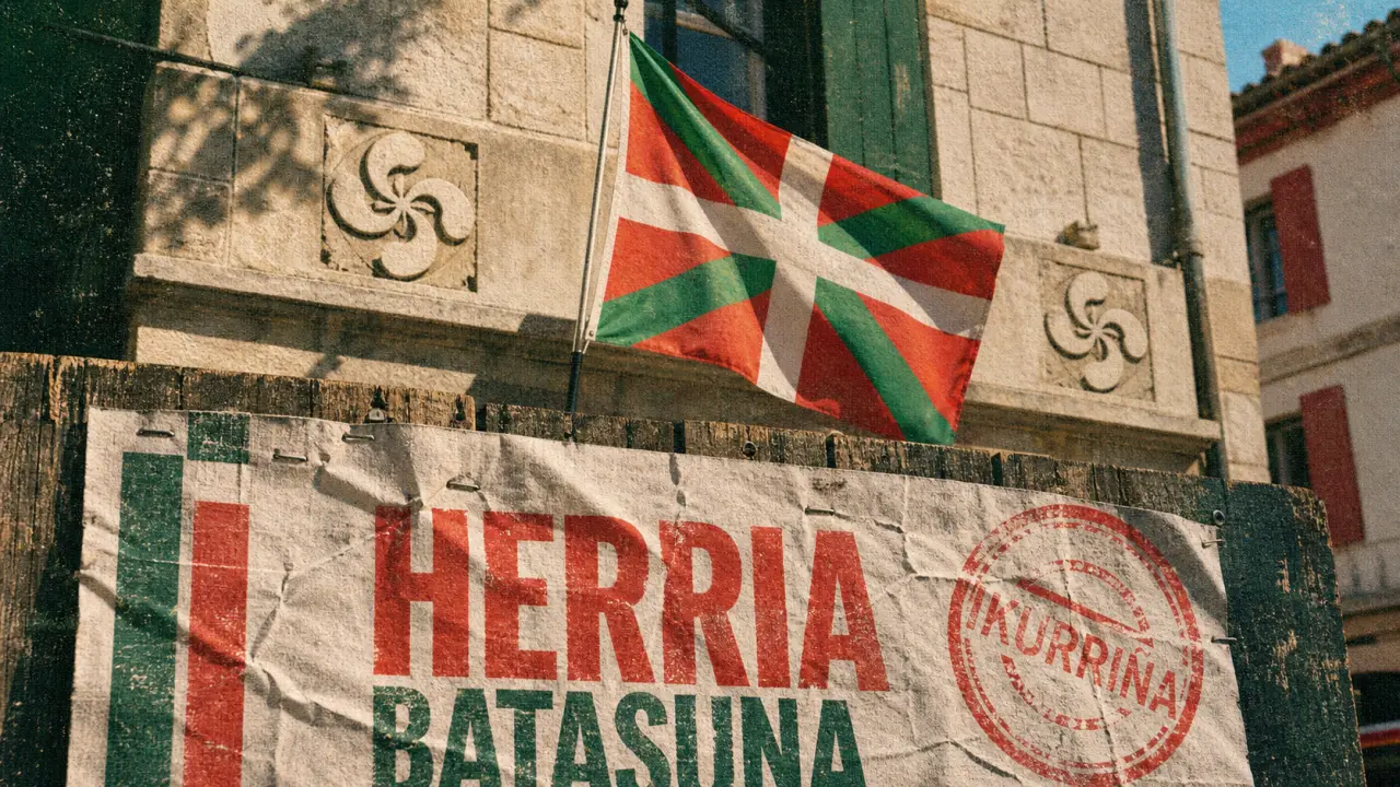 Drapeau pays basque ikurriña sur façade basque avec lauburu et croix basque