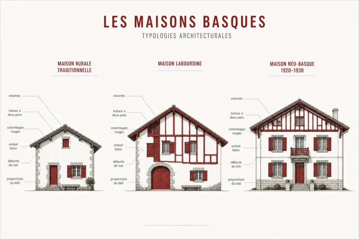 Maisons basques traditionnelle, labourdine et néo-basque comparées