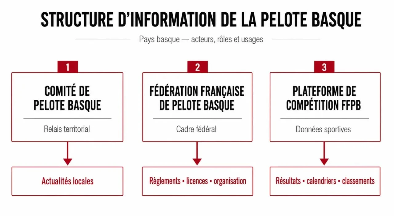 Ligue pelote pays basque : schéma éditorial du Comité de Pelote Basque, de la Fédération Française de Pelote Basque et de la plateforme de compétition FFPB