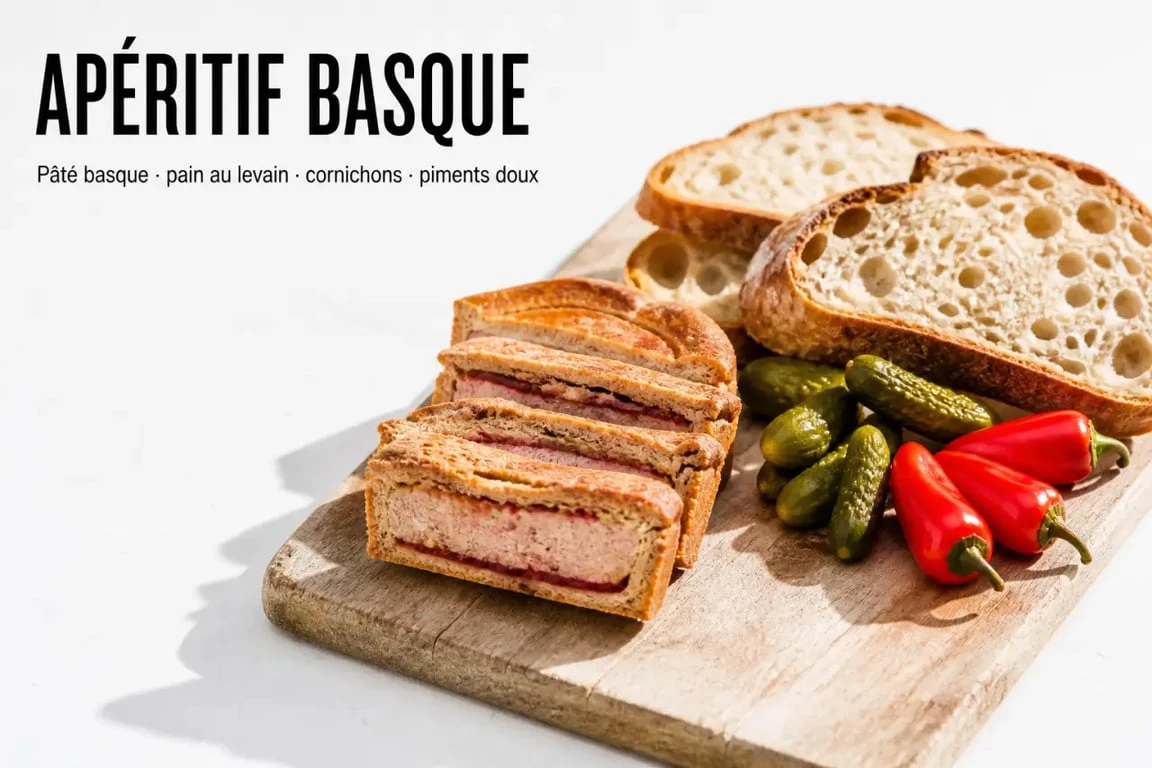 Pâté basque servi à l'apéritif sur planche rustique