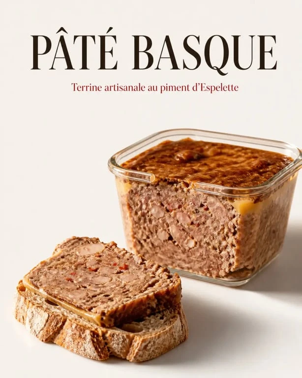 Pâté basque ouvert en terrine avec tranche sur pain de campagne