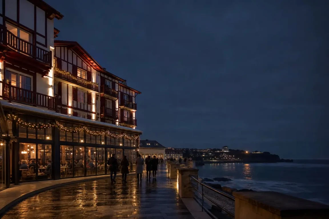 Réveillon saint sylvestre 2025 pays basque sur la côte basque de nuit avec lumières festives et ambiance de soirée