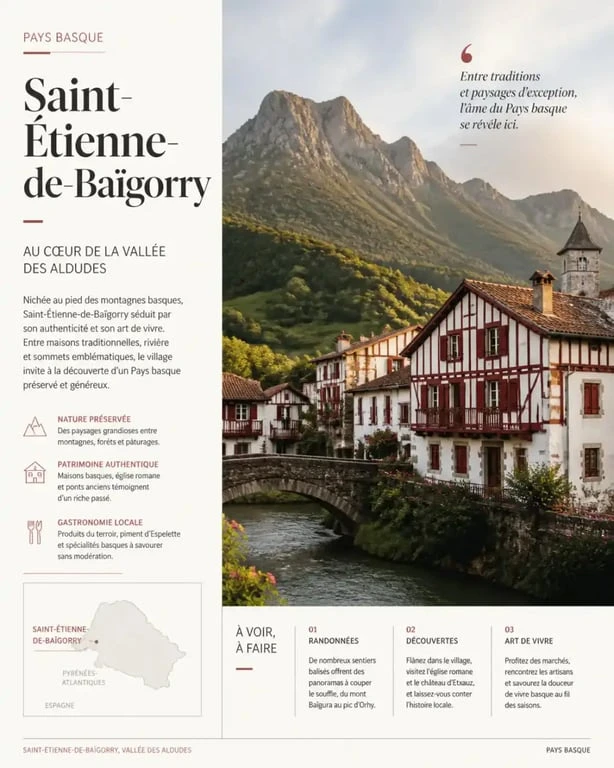 Paysage montagneux et architecture traditionnelle à Saint-Étienne-de-Baïgorry dans le Pays Basque