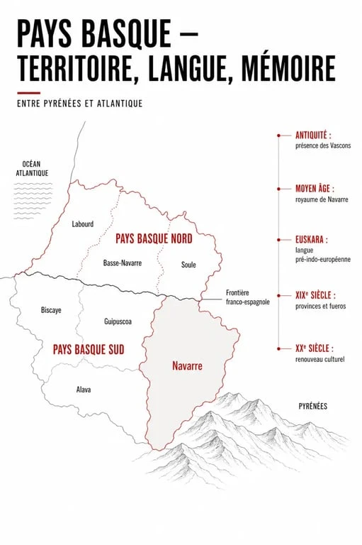 Histoire pays basque : carte éditoriale du territoire entre Pyrénées et Atlantique avec la Navarre et la séparation nord-sud