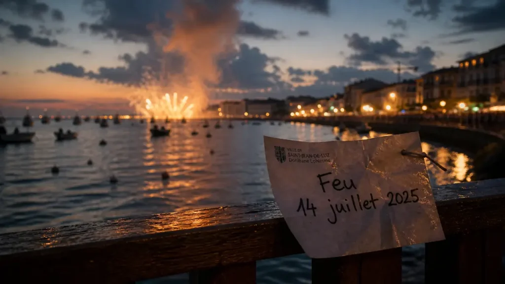 Feu d'artifice pays basque 2025 au crépuscule : vue côtière