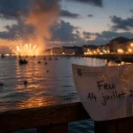 Feu d'artifice pays basque 2025 au crépuscule : vue côtière