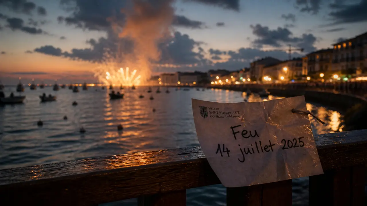 Feu d'artifice pays basque 2025 au crépuscule : vue côtière
