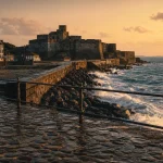 Fort socoa ciboure : digue et plage, coucher du soleil sur l’Atlantique