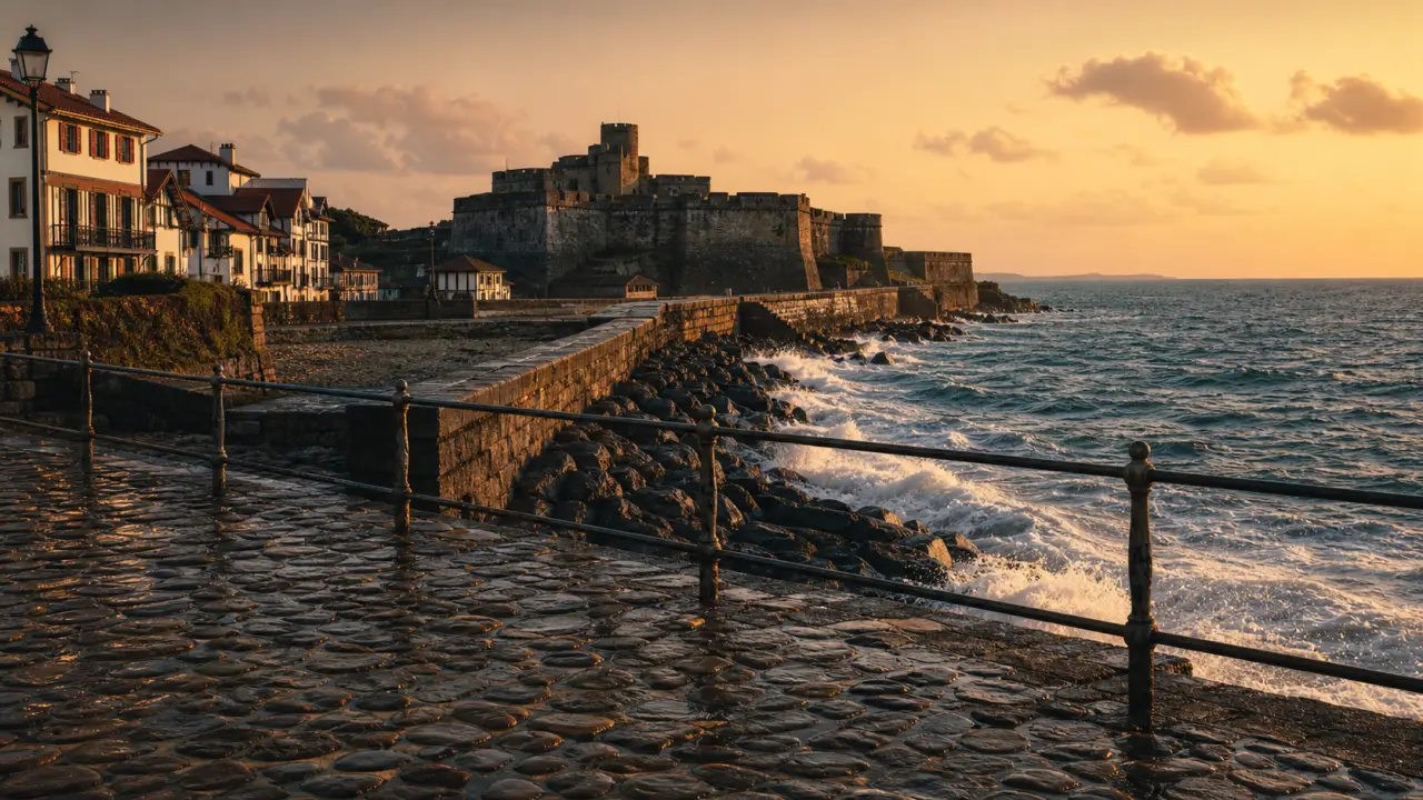 Fort socoa ciboure : digue et plage, coucher du soleil sur l’Atlantique