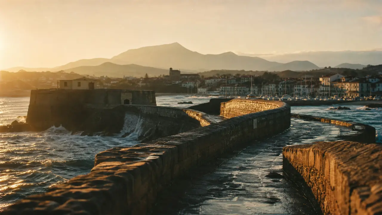 Fort socoa ciboure : vue depuis la digue sur l’océan à la golden hour