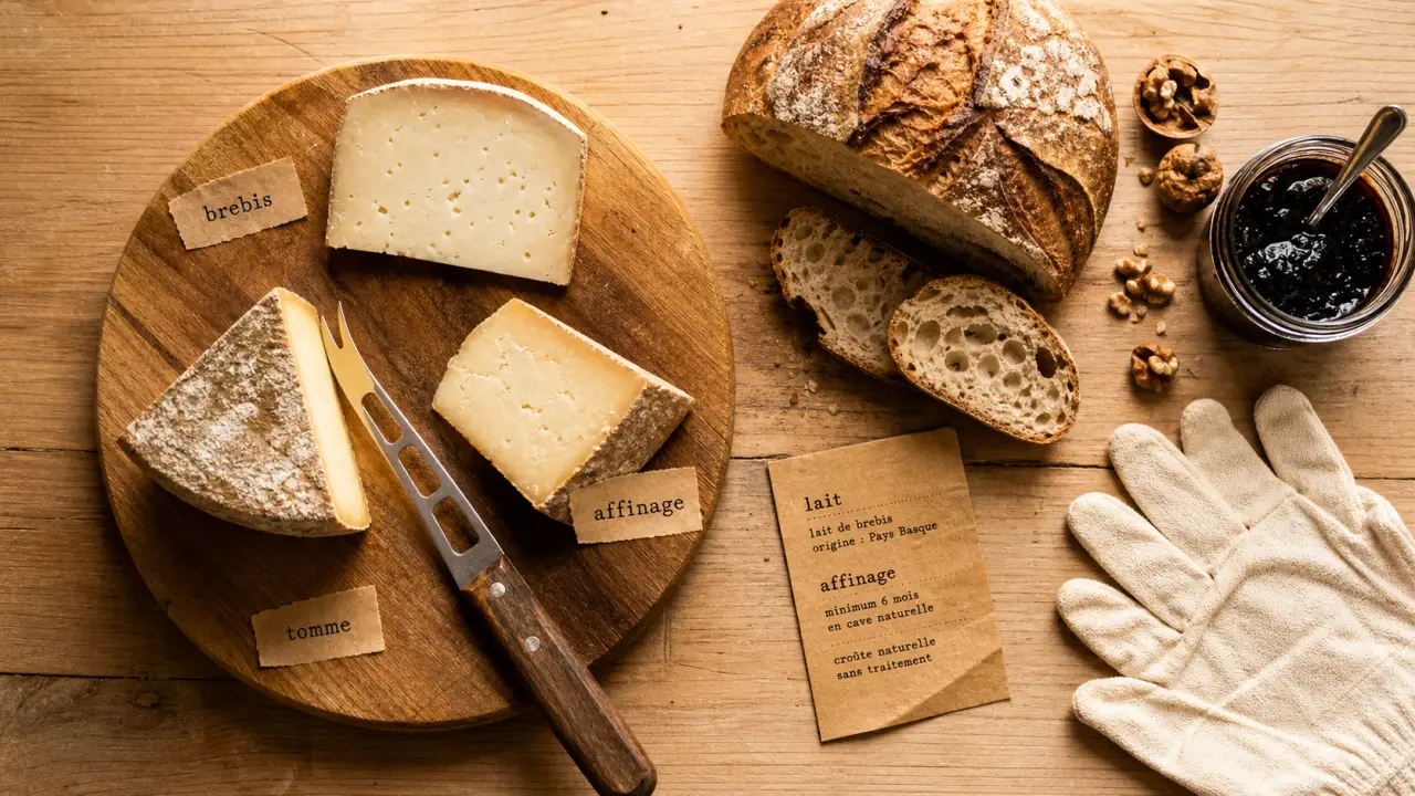 Fromagerie onetik pays basque : étiquette Ossau-Iraty et tommes sur un plateau de fromages