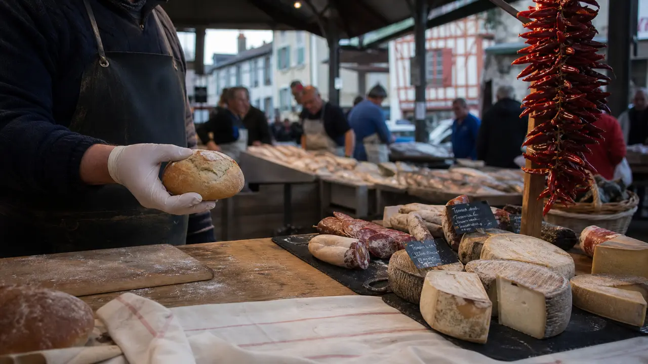 Marchés pays basque : étal de charcuterie et piments d’Espelette en halle basque