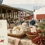 Marches pays basque du matin : étal de fromages sur une place