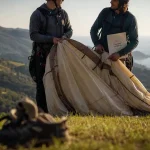 Parapente pays basque : baptême au décollage, voile beige et pilote
