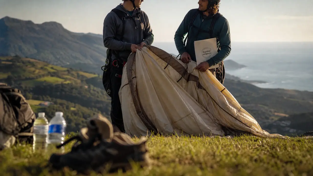 Parapente pays basque : baptême au décollage, voile beige et pilote