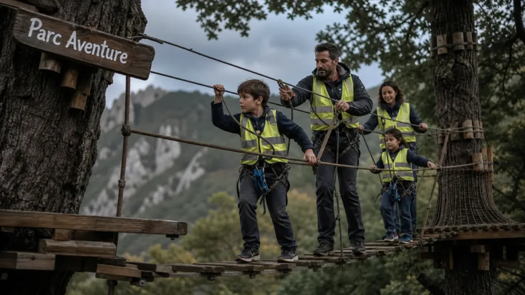 Parc aventure Pays basque - Les Rochers du Baztan, famille sur parcours accroché entre les rochers