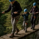 Parc aventure pays basque - les rochers du baztan : famille sur plateforme bois au-dessus du vide
