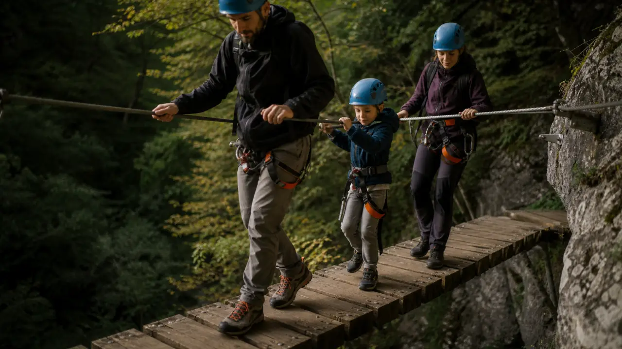 Parc aventure pays basque - les rochers du baztan : famille sur plateforme bois au-dessus du vide