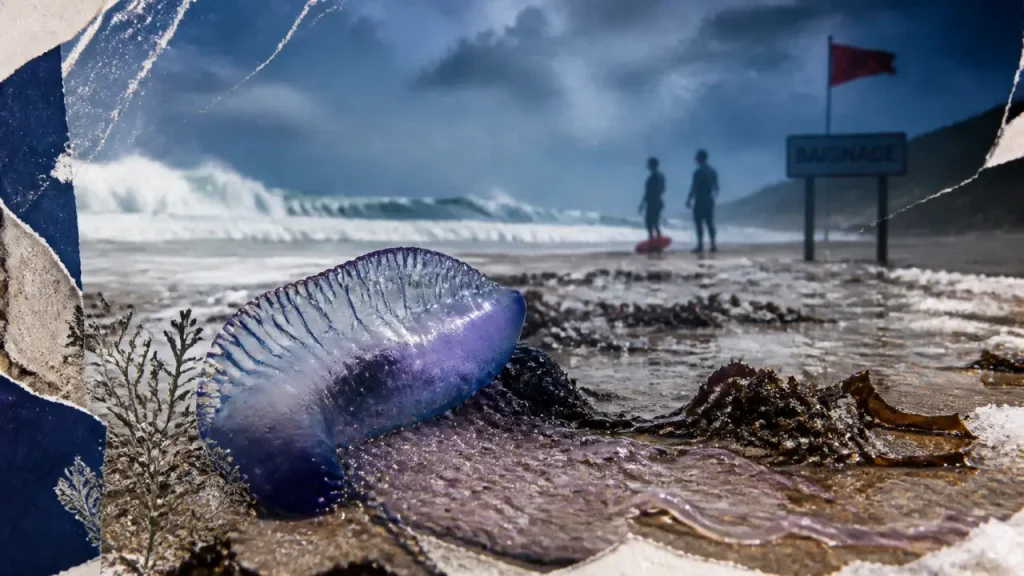 Flotteur bleu de physalies pays basque sur la plage