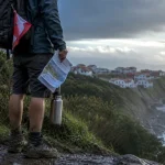 Randonnée pays basque sur la corniche littorale, randonneur et falaises basques