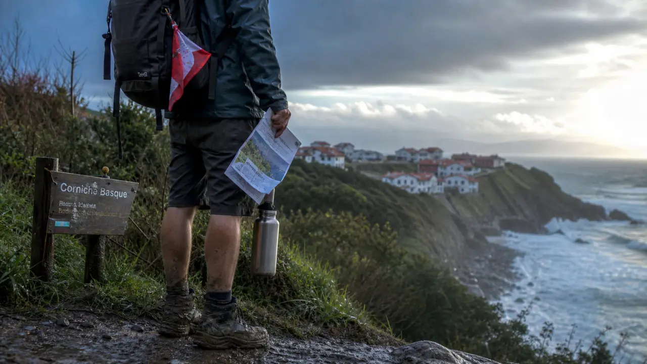 Randonnée pays basque sur la corniche littorale, randonneur et falaises basques