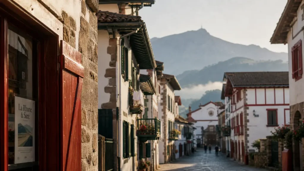 Ruelles de Sare au pays basque avec vue sur La Rhune