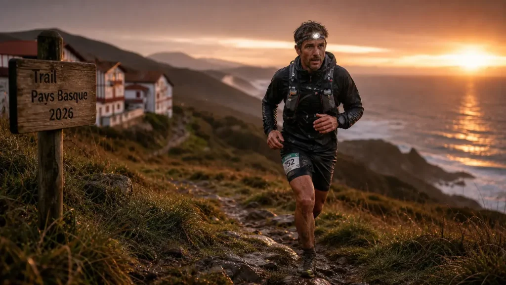 Trail pays basque au coucher de soleil sur sentier rocheux basque
