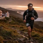 Trail pays basque au coucher de soleil sur sentier rocheux basque