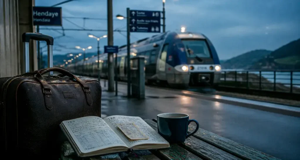 Train pays basque à la gare : valise et TER Bayonne Hendaye