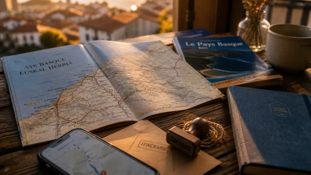 Carte des villages pays basque et itinéraire au coucher du soleil
