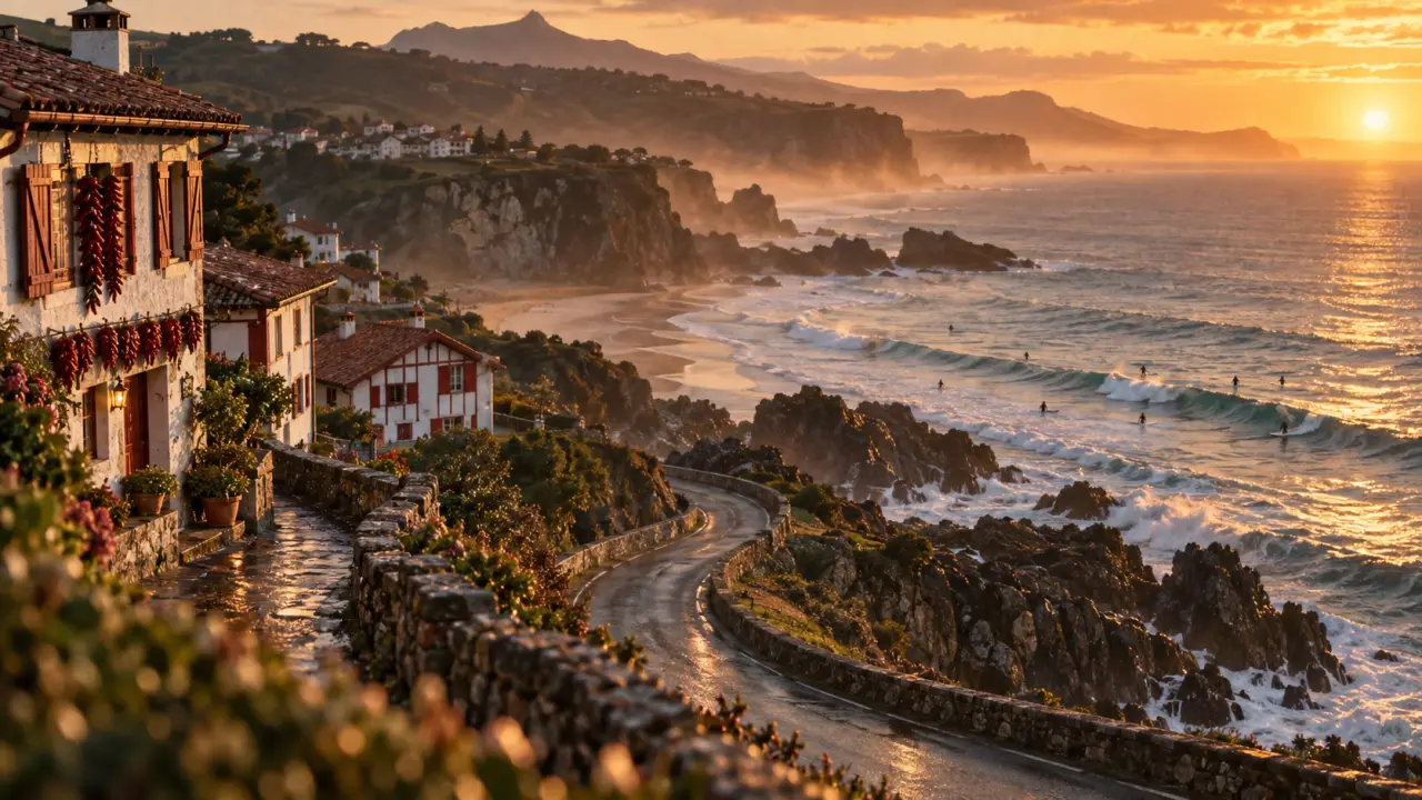 Activités pays basque : mer, villages et falaise au coucher du soleil