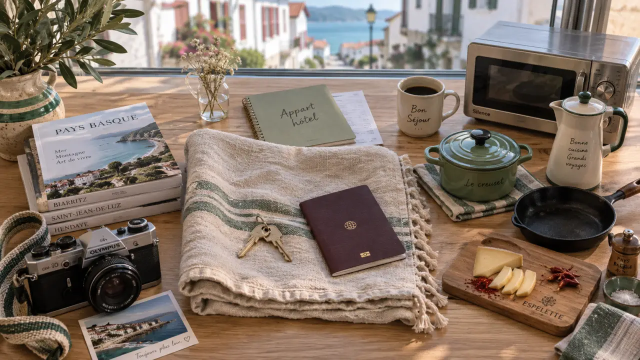Appart hotel pays basque : clés près d’une serviette de plage et d’un passeport