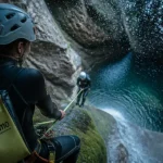 Barranquismo en Sierra de Guara : guide certifié et participant en rappel près d’une cascade