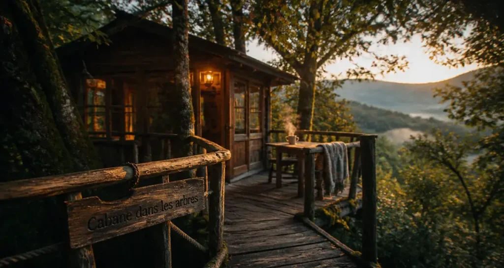 Cabane arbre pays basque en forêt, passerelle en bois et terrasse
