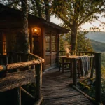 Cabane arbre pays basque en forêt, passerelle en bois et terrasse