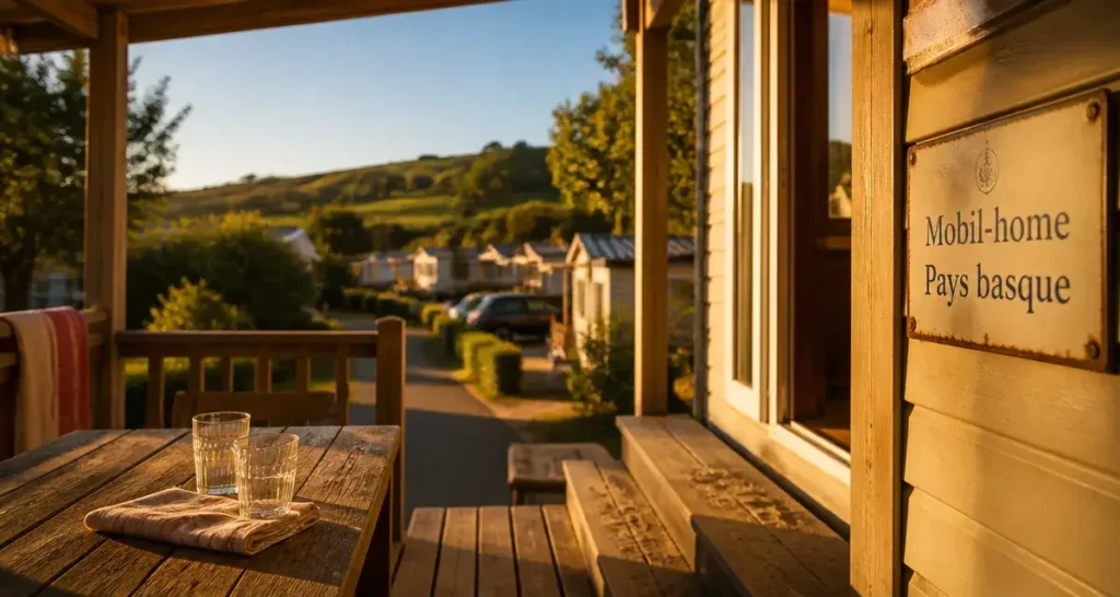 Camping pays basque mobil home : terrasse au golden hour